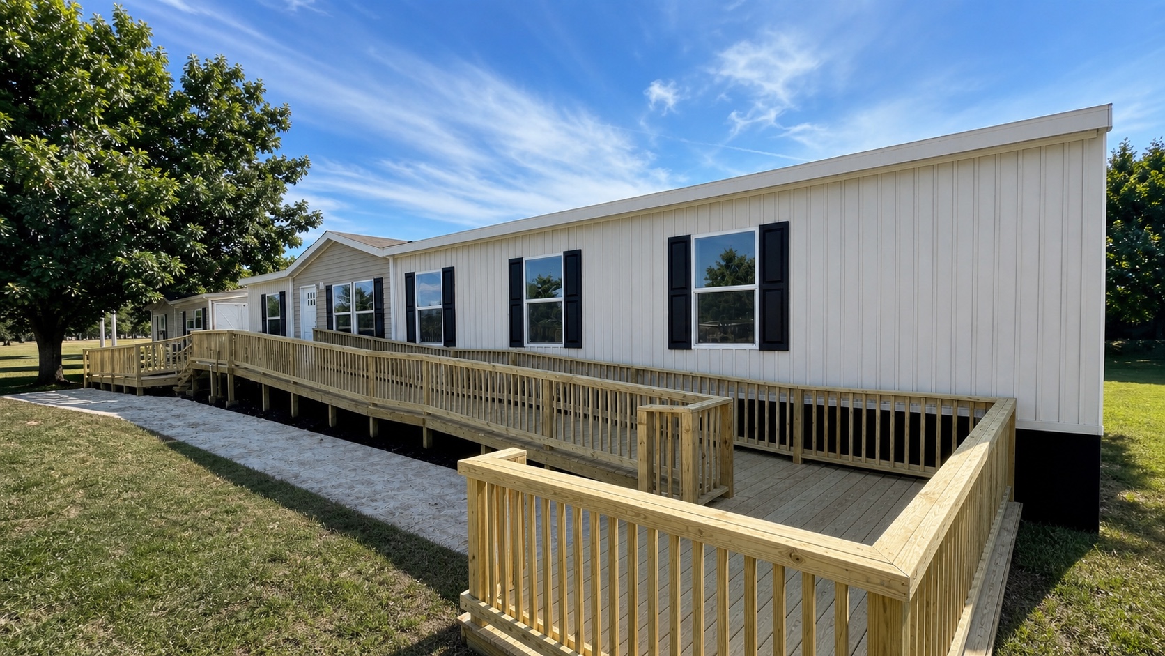 Wide view of a completed accessibility ramp, landing, and custom wood railings